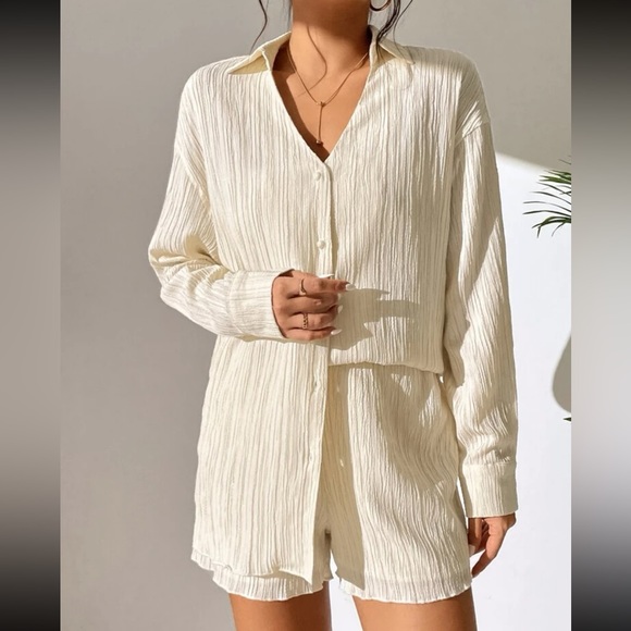 Green / cream / black 2 piece matching set Long sleeve Button Shirt & Shorts - Picture 11 of 12